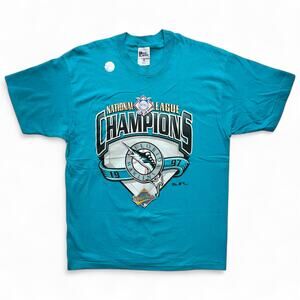 Vintage 1997 Florida Marlins NL Champions World Series MLB Baseball T Shirt Blue